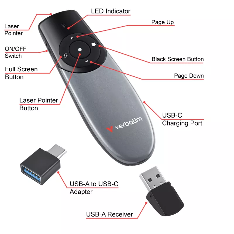 Verbatim Focus presentatore wireless con puntatore laser rosso, RF, USB, 30 m, nero, argento