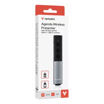 Verbatim Agenda presentatore wireless con puntatore laser rosso, RF, USB, 100 m, nero, argento