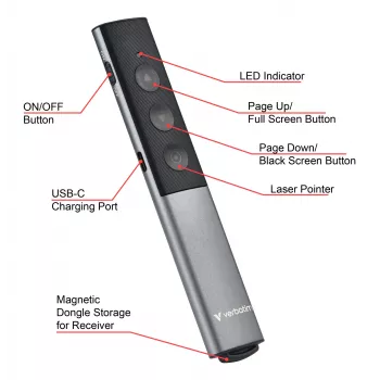 Verbatim Agenda presentatore wireless con puntatore laser rosso, RF, USB, 100 m, nero, argento