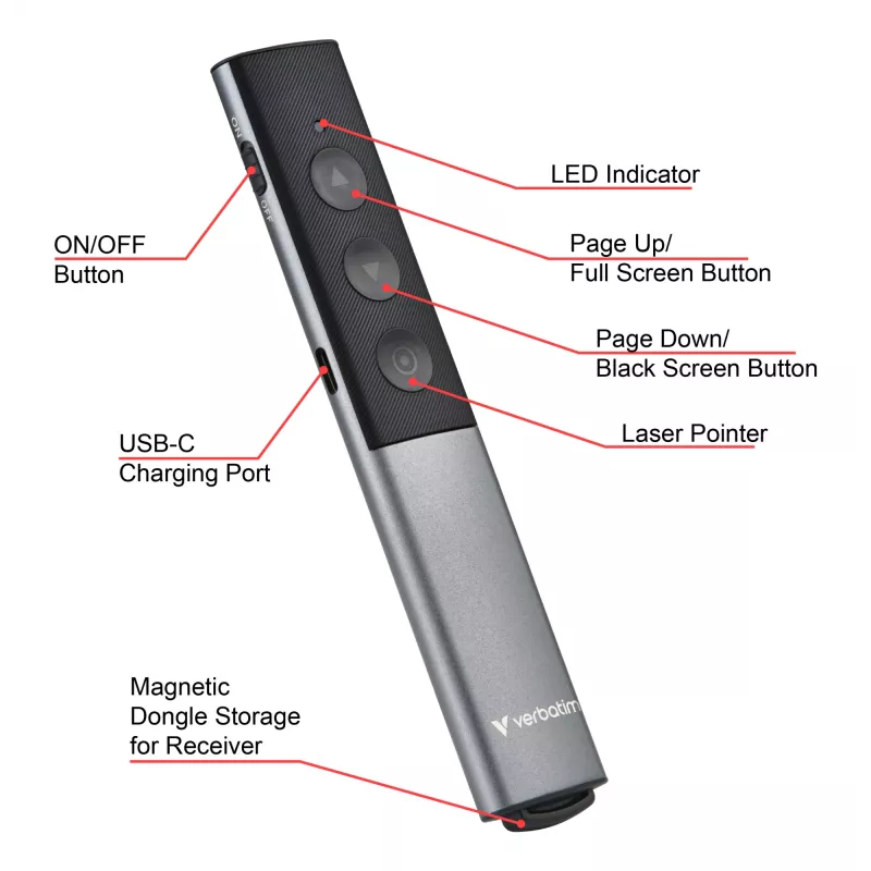 Verbatim Agenda presentatore wireless con puntatore laser rosso, RF, USB, 100 m, nero, argento