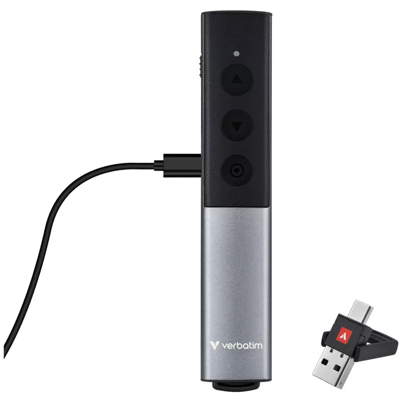 Verbatim Agenda presentatore wireless con puntatore laser rosso, RF, USB, 100 m, nero, argento