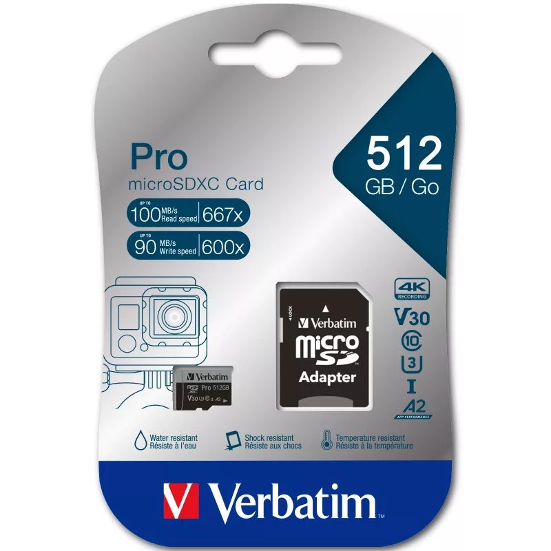 Verbatim Pro U3 512GB scheda Micro SDXC, 512 GB, MicroSDXC, Class 10, UHS-I, 100 MB/s, 90 MB/s