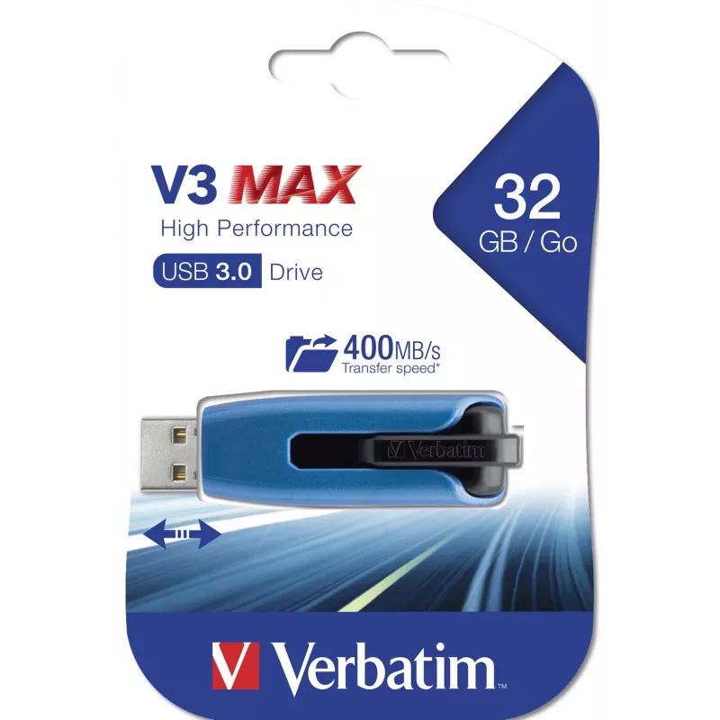 Verbatim V3 MAX - chiavetta USB 3.0 32 GB - blu, 32 GB, USB Type-A, 3.2 Gen 1 (3.1 Gen 1), 175 MB/s, Slide, blu