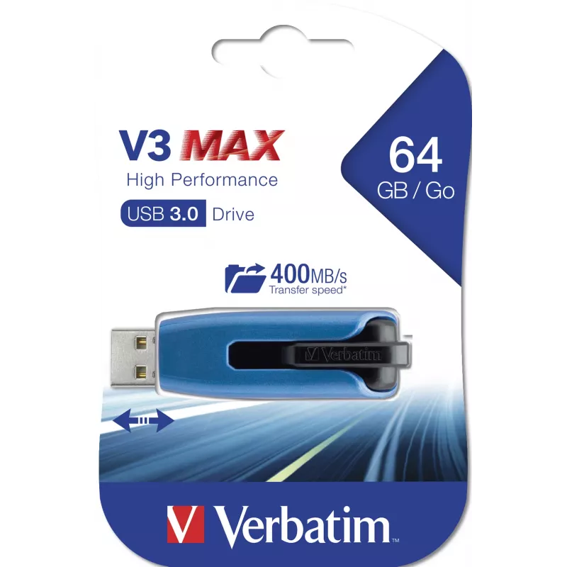 Verbatim V3 MAX - chiavetta USB 3.0 64 GB - blu, 64 GB, USB Type-A, 3.2 Gen 1 (3.1 Gen 1), Slide, 10 g, blu