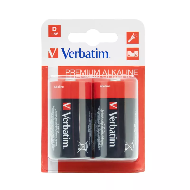 Verbatim batterie D alcaline, batteria usa e getta, alcalina, 1,5 V, 2 pezzi, multicolore, 34,2 mm