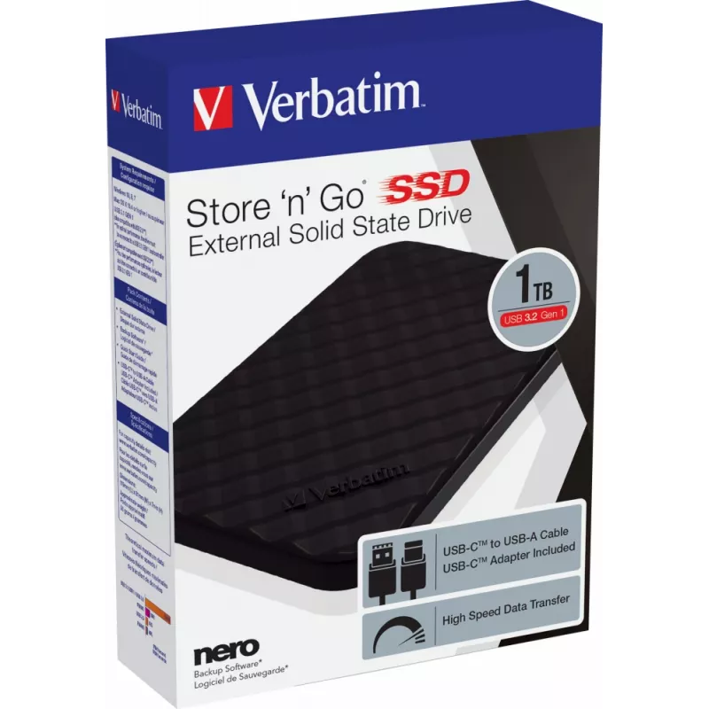 Verbatim Store 'n' Go SSD portatile USB 3.2 GEN 1 1TB, 1 TB, USB Type-C, 3.2 Gen 1 (3.1 Gen 1), nero