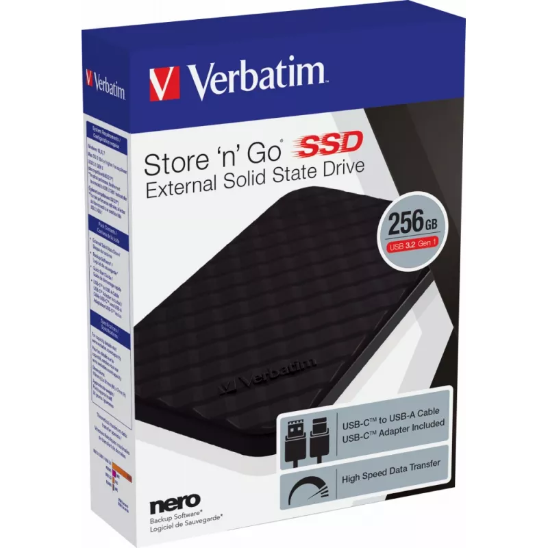 Verbatim Store 'n' Go SSD portatile USB 3.2 GEN 1 256GB, 256 GB, USB Type-C, 3.2 Gen 1 (3.1 Gen 1), nero