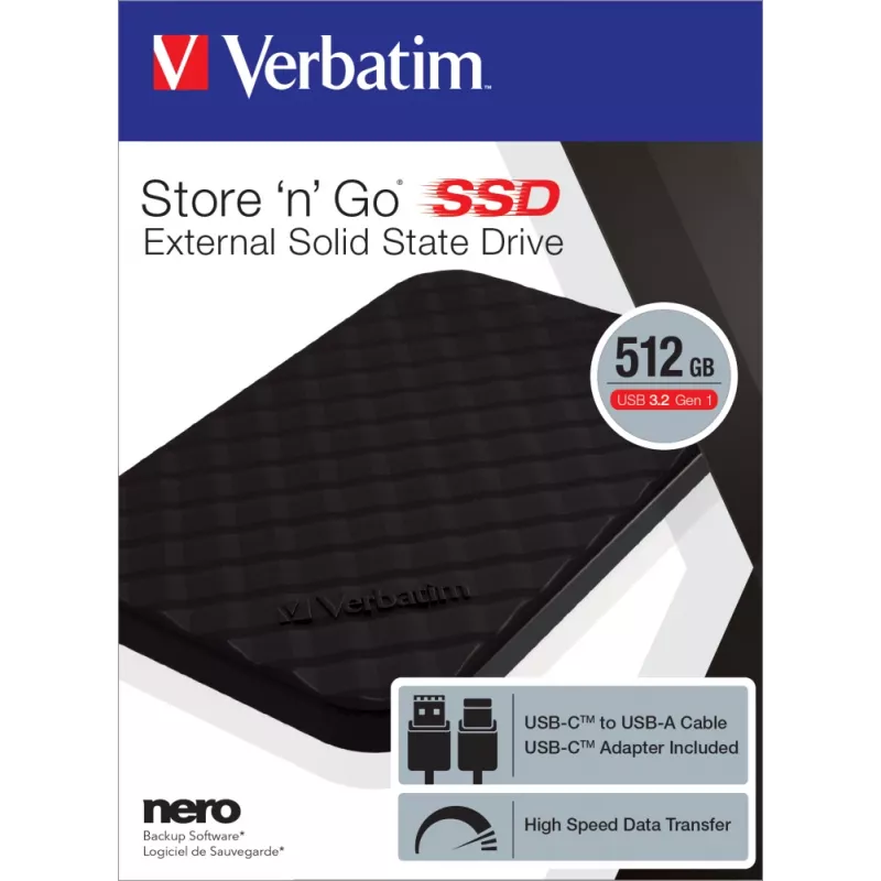 Verbatim Store 'n' Go SSD portatile USB 3.2 GEN 1 512GB, 512 GB, USB Type-C, 3.2 Gen 1 (3.1 Gen 1), nero
