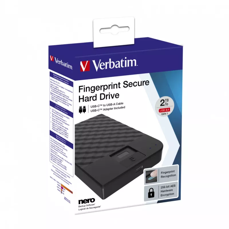 Verbatim Fingerprint Secure disco rigido portatile 2TB, 2 TB, 3.2 Gen 1 (3.1 Gen 1), nero
