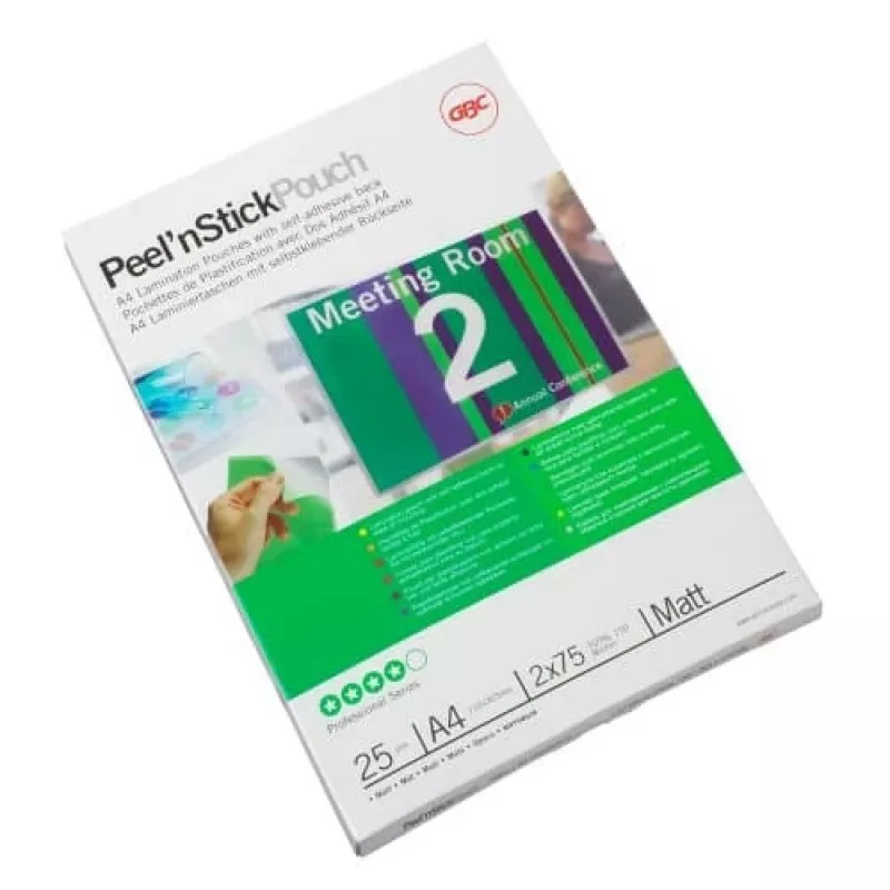 Pellicola plastificatrice GBC A4 autoadesiva opaca 75 micron, lucida, A4, 0,15 mm, 25 pz.