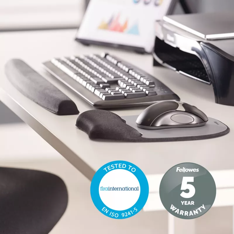 Fellowes Mouse Mat Wrist Support - tappetino mouse in memory foam con cuscinetto in schiuma morbida - tappetino mouse ergonomico per computer, laptop, uso in home office - compatibile con mouse laser e ottici - argento