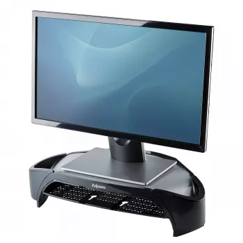 Fellowes supporto per monitor con 3 regolazioni in altezza – Smart Suites Monitor Riser Plus con vano portaoggetti – Supporto per monitor regolabile ergonomicamente per computer – Peso max 10 kg/Dimensione max 21 pollici – Nero