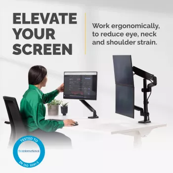 Fellowes Platinum Series braccio per monitor a impilamento doppio – Supporto per monitor per due schermi da 27 pollici da 8 kg – Supporto da tavolo regolabile per doppio monitor – Inclinazione 45° rotazione 180° rotazione 360° rotazione 360°, VESA 75 x 75/100 x 100 – Nero