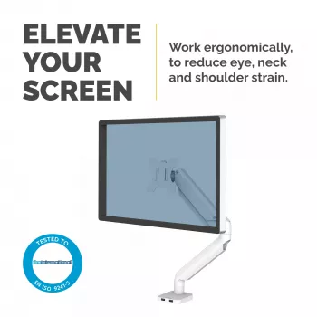 Fellowes Platinum Series Braccio per monitor – Supporto monitor per schermi da 8 kg, 40 pollici – Supporto monitor da scrivania regolabile – Inclinazione 45°, Rotazione 180°, Rotazione 360°, VESA 75 x 75/100 x 100 – bianco