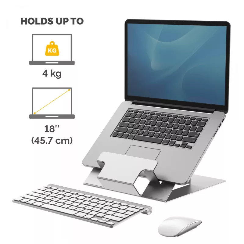 Fellowes Supporto per laptop da scrivania – Hylyft supporto per laptop regolabile per casa e ufficio – Supporto laptop con 6 regolazioni in altezza – dimensione max. monitor 17 pollici, peso max. 5 kg – argento/nero