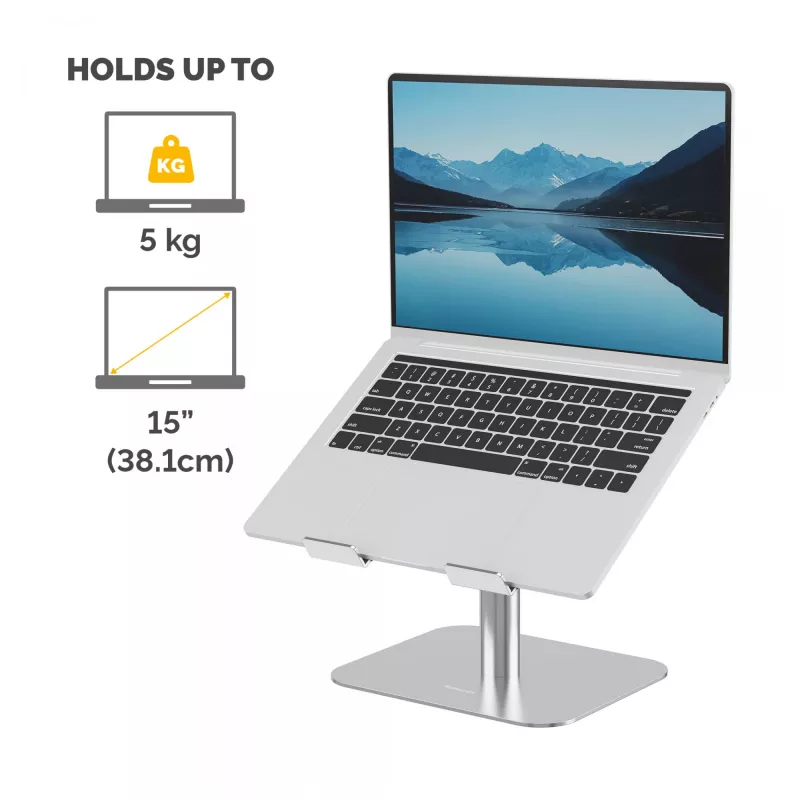 Fellowes Alumia Laptop-Riser – supporto per laptop da scrivania, dimensione max 15 pollici, peso max 5 kg, argento