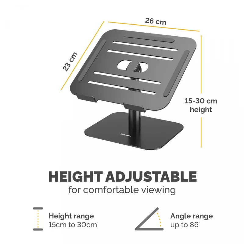 Fellowes Alumia Laptop-Riser – supporto per laptop da scrivania, dimensione max 15 pollici, peso max 5 kg, nero