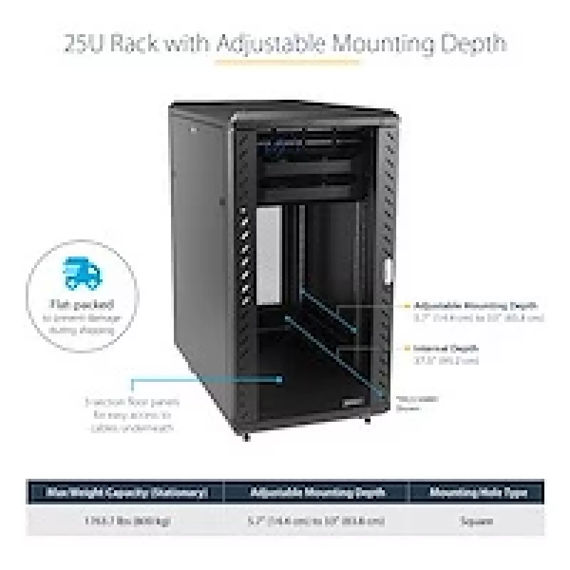 StarTech.com armadio rack server 25U a 4 montanti, armadio rack 19 pollici per dati con chiusura per computer/AV/attrezzature IT, rack per ufficio/rete domestica con ruote e guide di montaggio regolabili
