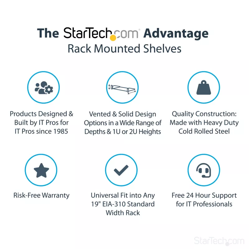StarTech.com ripiano per rack server 2U – ripiano universale a sbalzo per montaggio rack per rack e armadio per apparecchiature di rete da 19 pollici – acciaio ad alta portata – portata 22,6 kg – ripiano profondo 22 pollici, nero
