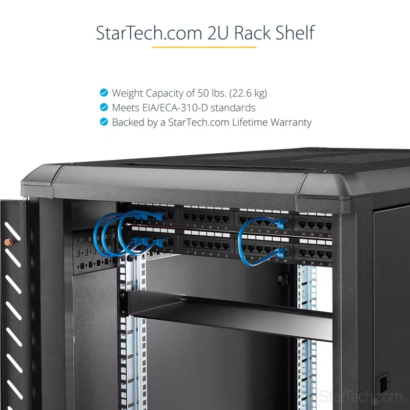 StarTech.com ripiano per rack server 2U – ripiano universale a sbalzo per montaggio rack per rack e armadio per apparecchiature di rete da 19 pollici – acciaio ad alta portata – portata 22,6 kg – ripiano profondo 22 pollici, nero