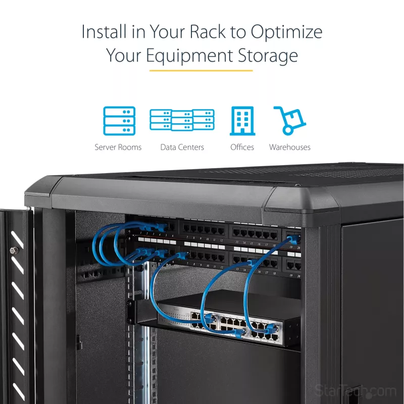 StarTech.com ripiano per rack server 2U – ripiano universale a sbalzo per montaggio rack per rack e armadio per apparecchiature di rete da 19 pollici – acciaio ad alta portata – portata 22,6 kg – ripiano profondo 22 pollici, nero