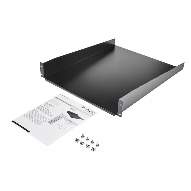 StarTech.com ripiano per rack server 2U – ripiano universale a sbalzo per montaggio rack per rack e armadio per apparecchiature di rete da 19 pollici – acciaio ad alta portata – portata 22,6 kg – ripiano profondo 22 pollici, nero