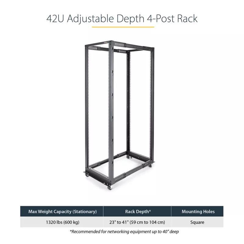 StarTech.com Rack server open-frame mobile a 4 montanti 42U, rack di rete a 19 pollici a quattro montanti con ruote, rack mobile con profondità regolabile per apparecchiature informatiche/AV/dati/IT – ruote, piedini livellanti o montaggio a pavimento