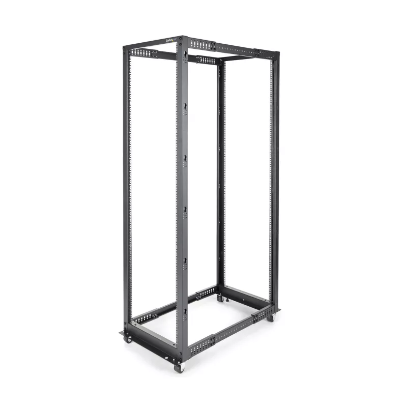 StarTech.com Rack server open-frame mobile a 4 montanti 42U, rack di rete a 19 pollici a quattro montanti con ruote, rack mobile con profondità regolabile per apparecchiature informatiche/AV/dati/IT – ruote, piedini livellanti o montaggio a pavimento