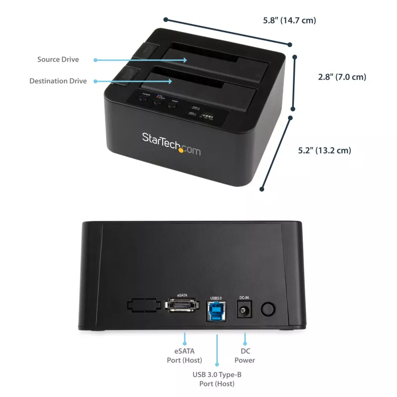 StarTech.com Duplicatore di dischi dual bay, clonatore/copiatore standalone USB 3.0 (5 Gbit/s) / eSATA a SATA III HDD/SSD da 2,5/3,5 pollici, docking station per disco fisso, clonatore di dischi