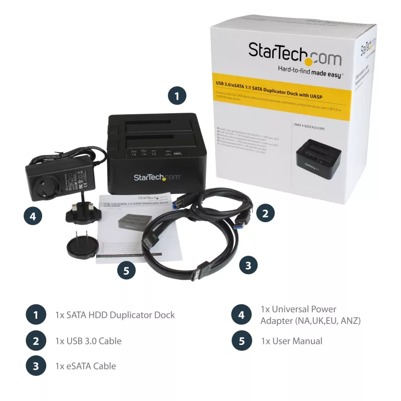 StarTech.com Duplicatore di dischi dual bay, clonatore/copiatore standalone USB 3.0 (5 Gbit/s) / eSATA a SATA III HDD/SSD da 2,5/3,5 pollici, docking station per disco fisso, clonatore di dischi