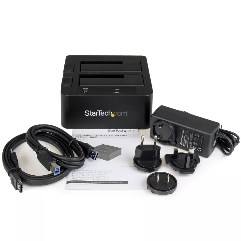 StarTech.com Docking station per disco fisso dual-bay USB 3.0 / eSATA a SATA, dock per disco fisso USB, docking station esterna per SSD/HDD SATA I/II/III da 2,5/3,5