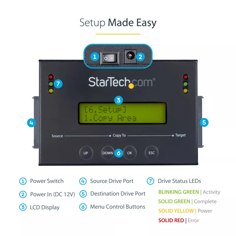 StarTech.com Duplicatore di dischi standalone 1:1 con Disk Image Manager per backup e ripristino, memorizza più immagini disco su un'unità SATA da 2,5/3,5 pollici, clonatore HDD/SSD, nessun PC necessario