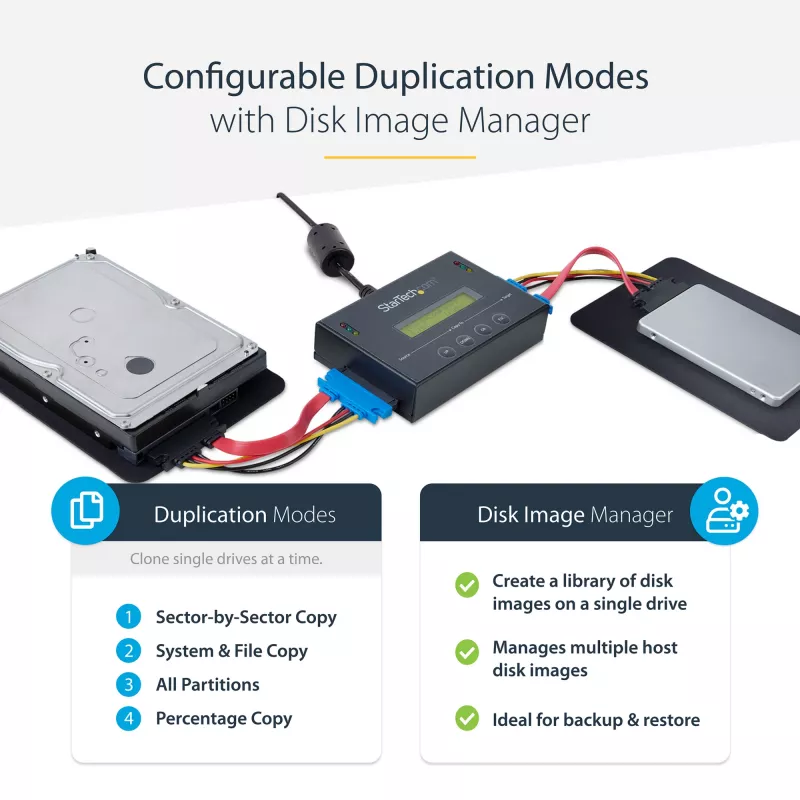 StarTech.com Duplicatore di dischi standalone 1:1 con Disk Image Manager per backup e ripristino, memorizza più immagini disco su un'unità SATA da 2,5/3,5 pollici, clonatore HDD/SSD, nessun PC necessario
