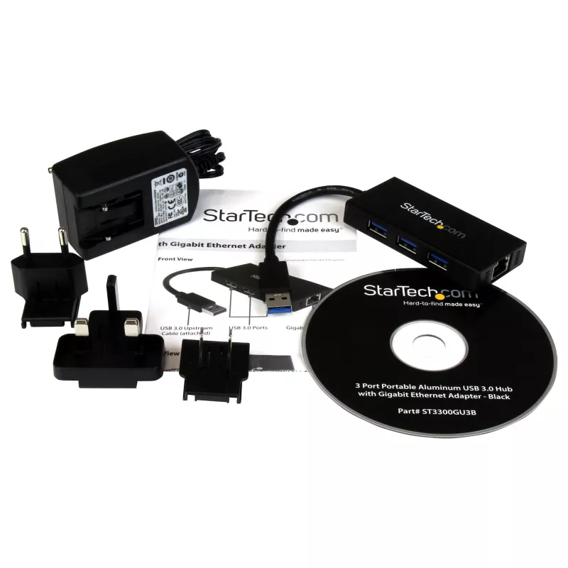 StarTech.com Hub USB 3.0 portatile a 3 porte con Gigabit Ethernet - Alluminio con cavo integrato~Hub USB 3.0 portatile a 3 porte con Gigabit Ethernet - 5 Gbit/s - Alluminio con cavo integrato