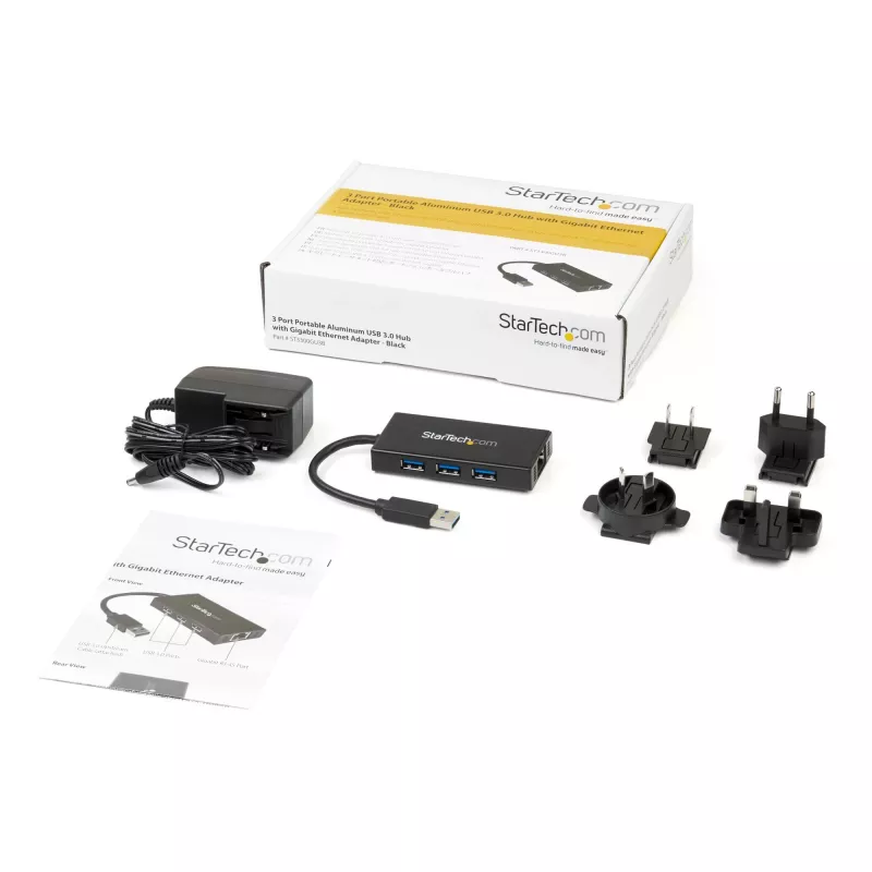 StarTech.com Hub USB 3.0 portatile a 3 porte con Gigabit Ethernet - Alluminio con cavo integrato~Hub USB 3.0 portatile a 3 porte con Gigabit Ethernet - 5 Gbit/s - Alluminio con cavo integrato