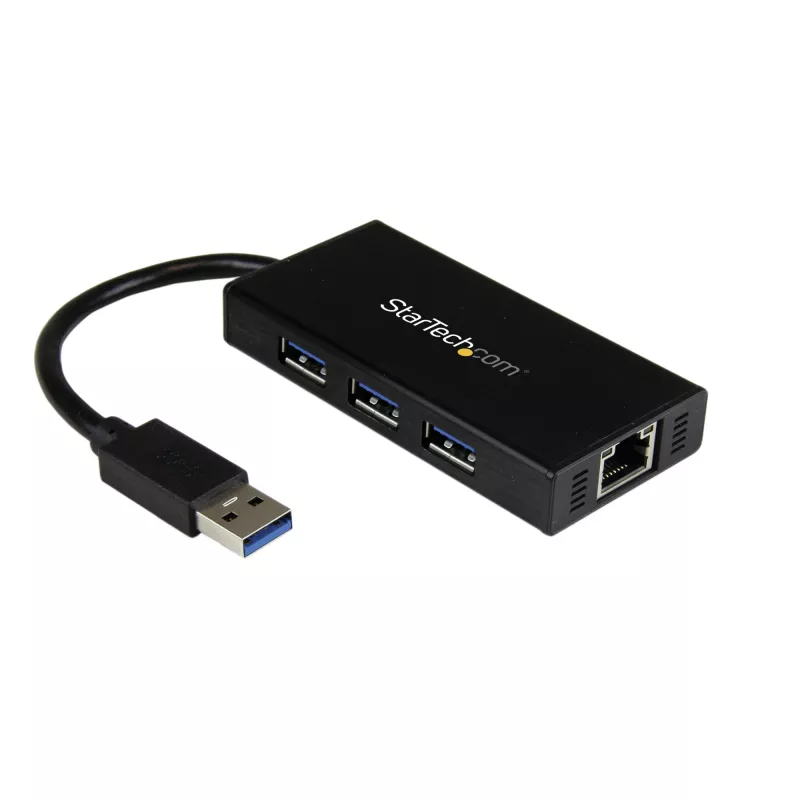 StarTech.com Hub USB 3.0 portatile a 3 porte con Gigabit Ethernet - Alluminio con cavo integrato~Hub USB 3.0 portatile a 3 porte con Gigabit Ethernet - 5 Gbit/s - Alluminio con cavo integrato