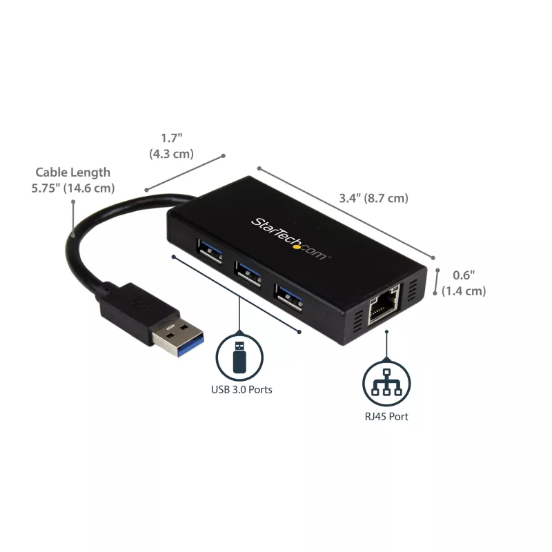 StarTech.com Hub USB 3.0 portatile a 3 porte con Gigabit Ethernet - Alluminio con cavo integrato~Hub USB 3.0 portatile a 3 porte con Gigabit Ethernet - 5 Gbit/s - Alluminio con cavo integrato