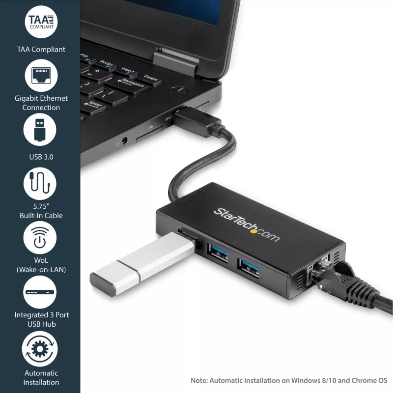 StarTech.com Hub USB 3.0 portatile a 3 porte con Gigabit Ethernet - Alluminio con cavo integrato~Hub USB 3.0 portatile a 3 porte con Gigabit Ethernet - 5 Gbit/s - Alluminio con cavo integrato