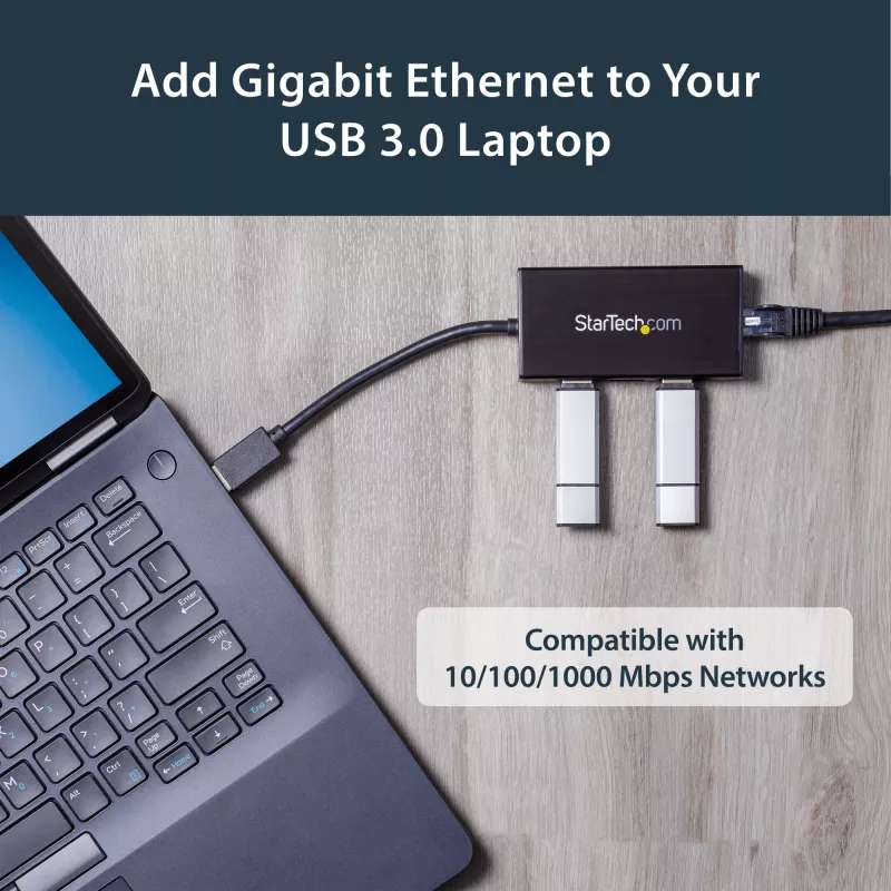 StarTech.com Hub USB 3.0 portatile a 3 porte con Gigabit Ethernet - Alluminio con cavo integrato~Hub USB 3.0 portatile a 3 porte con Gigabit Ethernet - 5 Gbit/s - Alluminio con cavo integrato