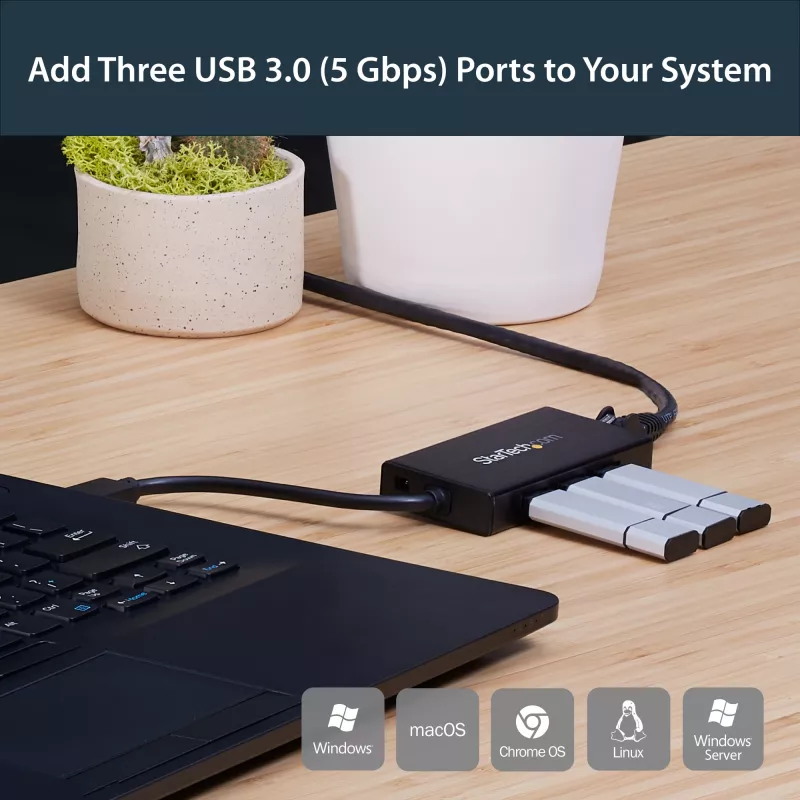 StarTech.com Hub USB 3.0 portatile a 3 porte con Gigabit Ethernet - Alluminio con cavo integrato~Hub USB 3.0 portatile a 3 porte con Gigabit Ethernet - 5 Gbit/s - Alluminio con cavo integrato