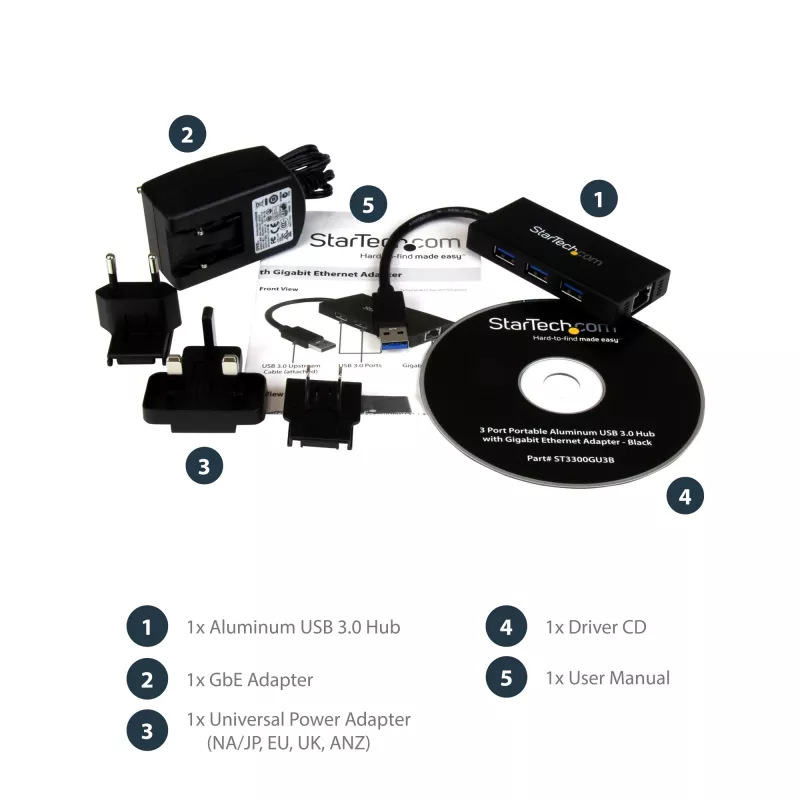 StarTech.com Hub USB 3.0 portatile a 3 porte con Gigabit Ethernet - Alluminio con cavo integrato~Hub USB 3.0 portatile a 3 porte con Gigabit Ethernet - 5 Gbit/s - Alluminio con cavo integrato
