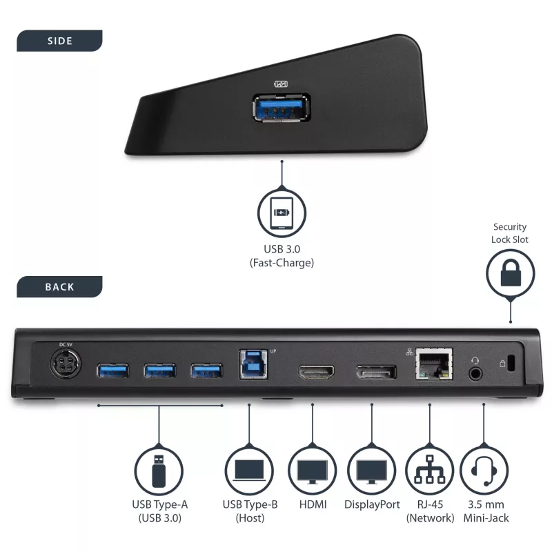 StarTech.com Docking station USB 3.0 dual-monitor con HDMI e DisplayPort 4K – USB 3.0 a 4x USB-A, Ethernet, HDMI e DP – Docking station universale per laptop USB Type-A per Mac e Windows