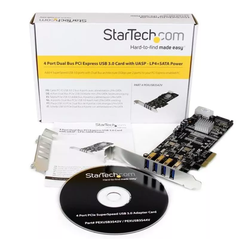 StarTech.com scheda PCI Express USB 3.0 a 4 porte, PCIe, USB 3.2 Gen 1 (3.1 Gen 1), full-height / low-profile, PCI 2.0, nero, acciaio inox, 3 m