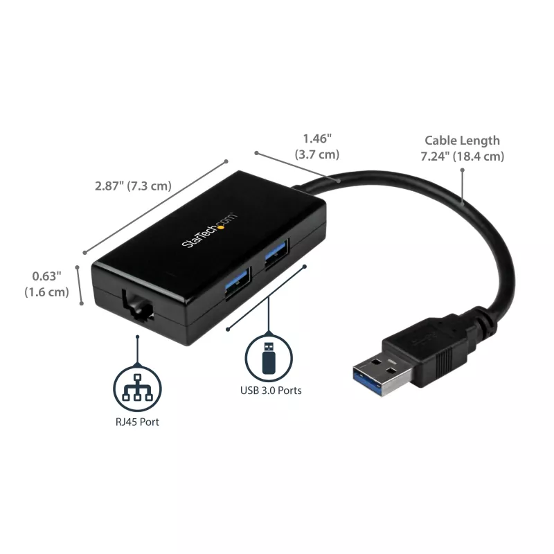 StarTech.com Adattatore USB-Ethernet, convertitore LAN USB 3.0 a 10/100/1000 Gigabit Ethernet per laptop, cavo fisso da 11,8 inch/30 cm, adattatore USB-RJ45, adattatore NIC, adattatore di rete USB