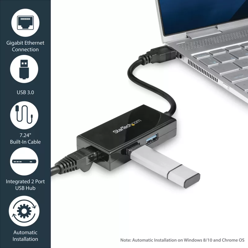 StarTech.com Adattatore USB-Ethernet, convertitore LAN USB 3.0 a 10/100/1000 Gigabit Ethernet per laptop, cavo fisso da 11,8 inch/30 cm, adattatore USB-RJ45, adattatore NIC, adattatore di rete USB