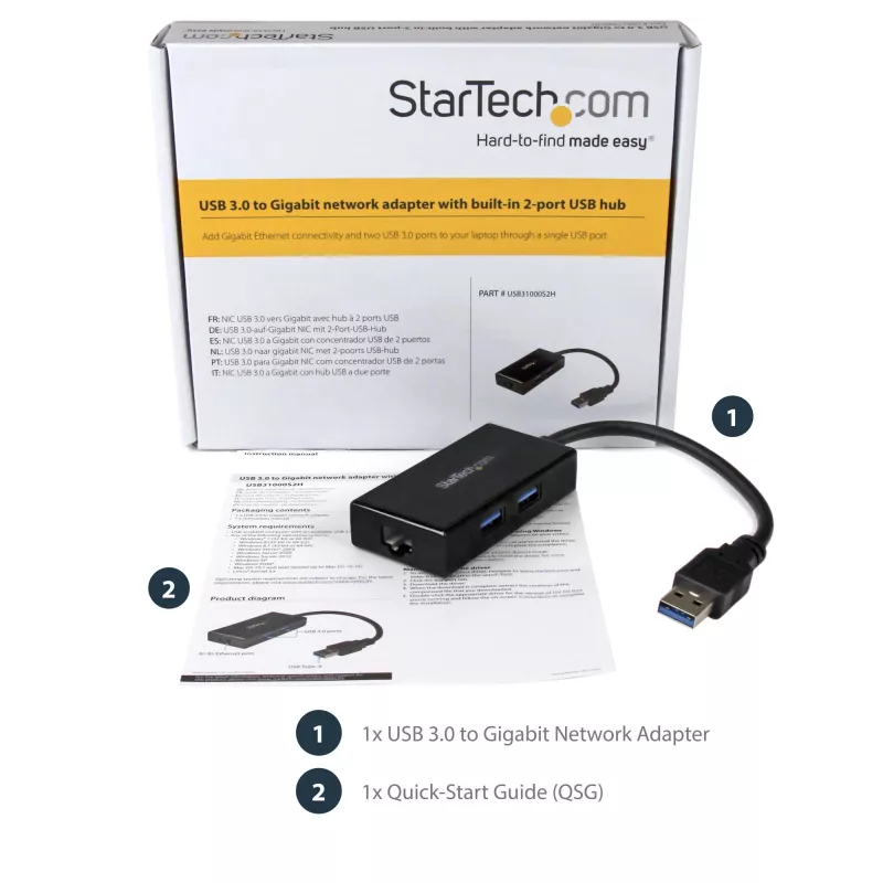 StarTech.com Adattatore USB-Ethernet, convertitore LAN USB 3.0 a 10/100/1000 Gigabit Ethernet per laptop, cavo fisso da 11,8 inch/30 cm, adattatore USB-RJ45, adattatore NIC, adattatore di rete USB