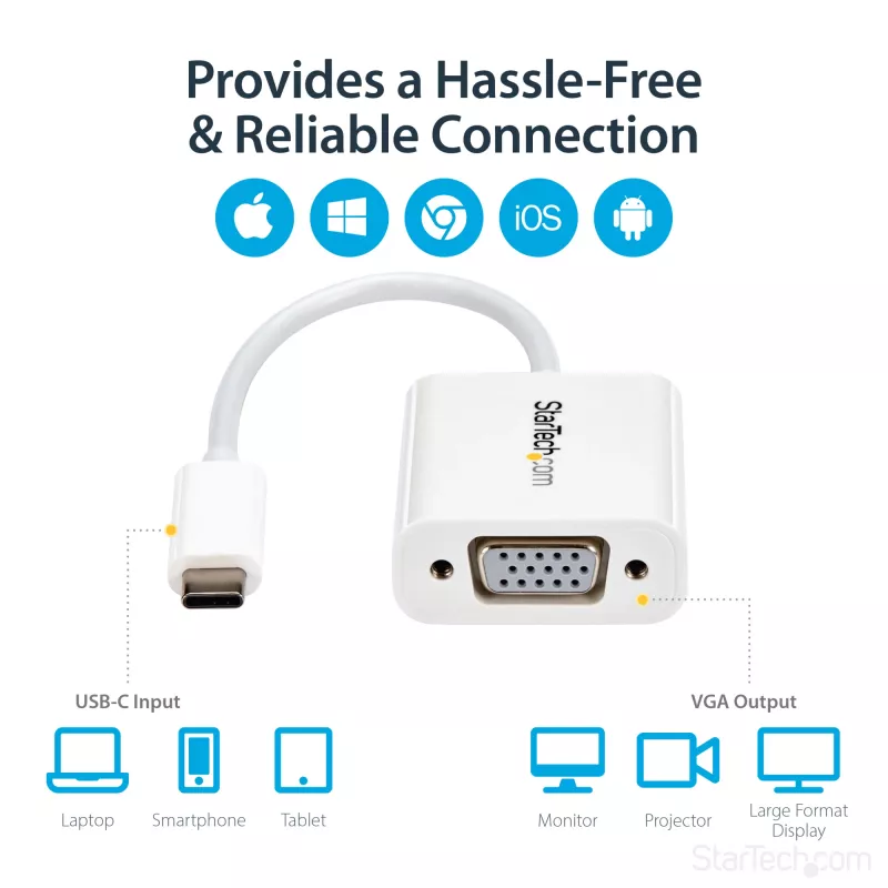 StarTech.com Adattatore USB-C a VGA - bianco, 3.2 Gen 1 (3.1 Gen 1), USB Type-C, uscita VGA (D-Sub), 1920 x 1200 pixel