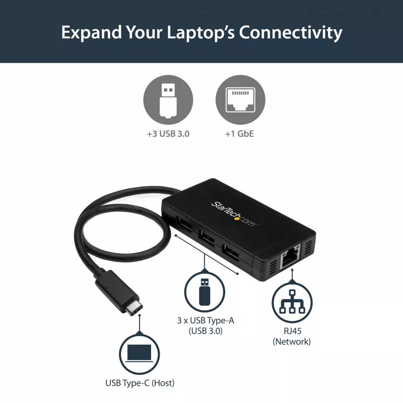 StarTech.com Hub USB 3.0 a 3 porte più Gigabit Ethernet - USB-C - incl. alimentatore