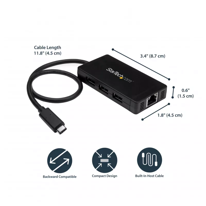 StarTech.com Hub USB 3.0 a 3 porte più Gigabit Ethernet - USB-C - incl. alimentatore