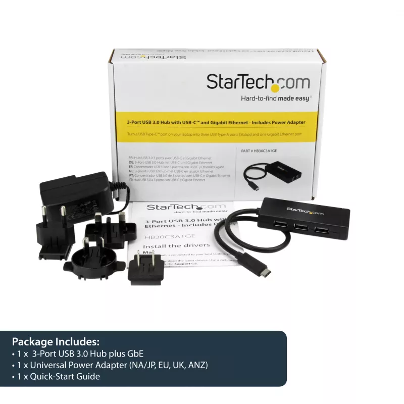 StarTech.com Hub USB 3.0 a 3 porte più Gigabit Ethernet - USB-C - incl. alimentatore